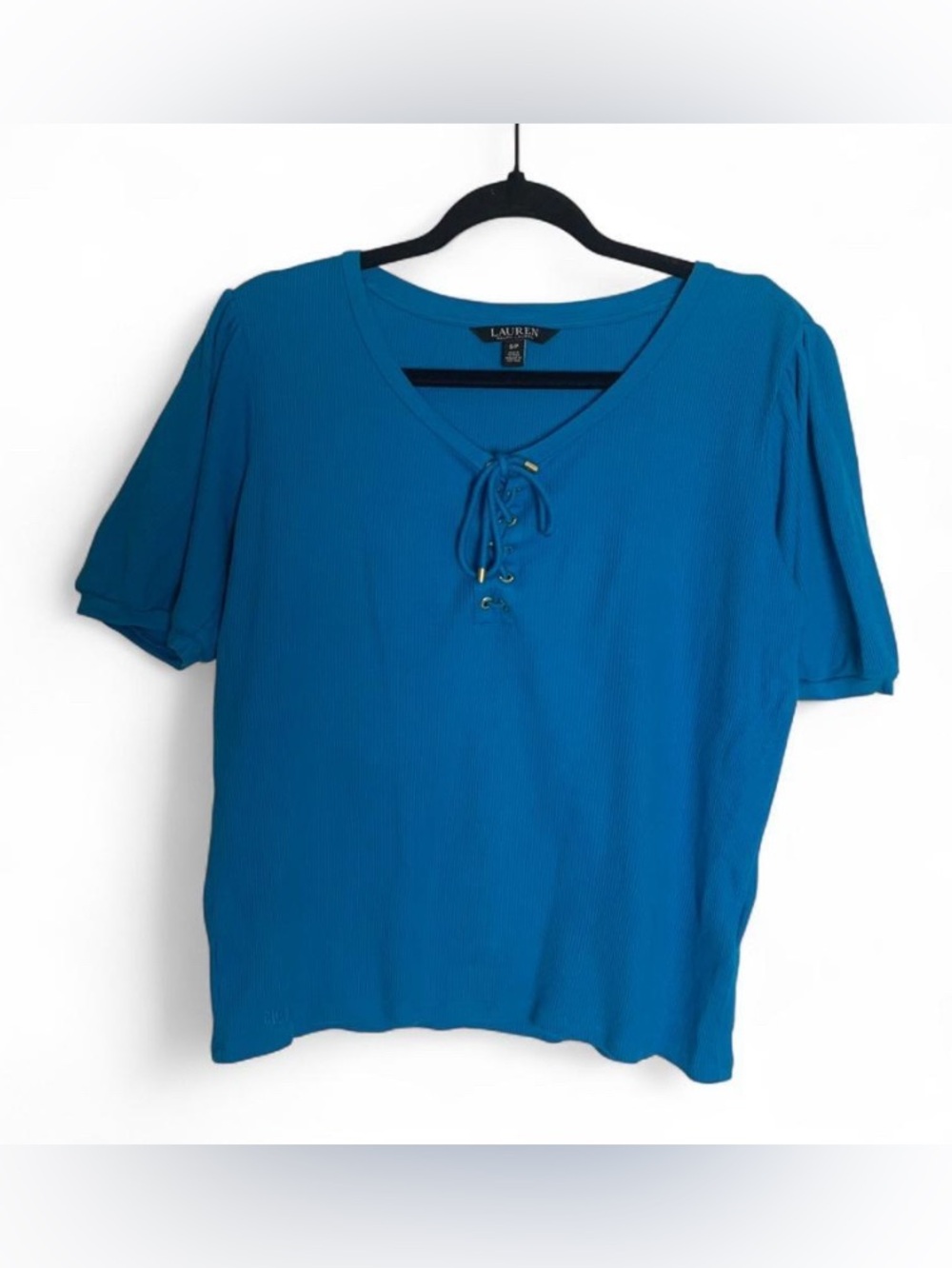 Lauren Ralph Lauren Blue Ribbed Lace-Up V-Neck Top - Size S